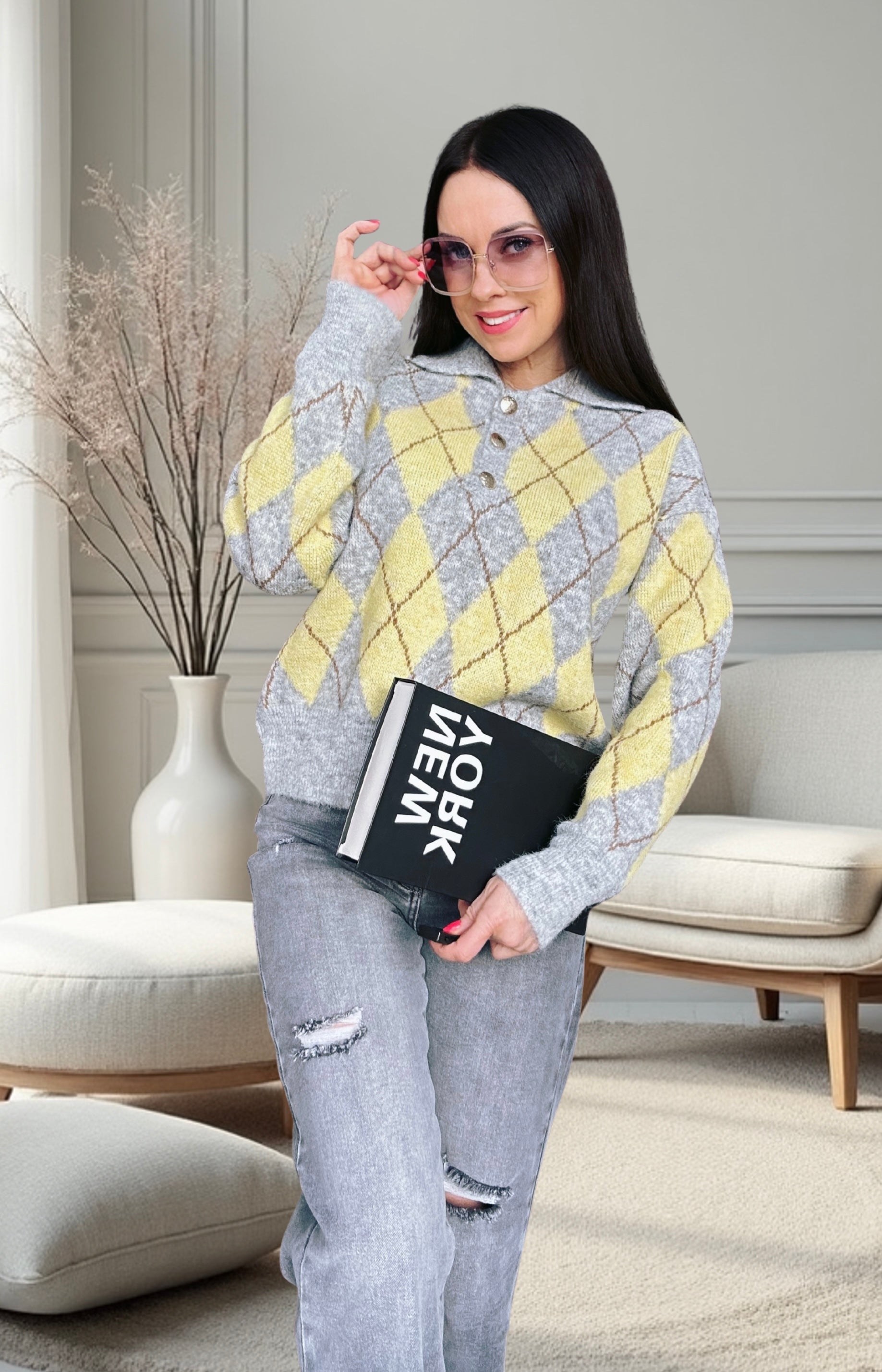 Rombų akcento megztinis